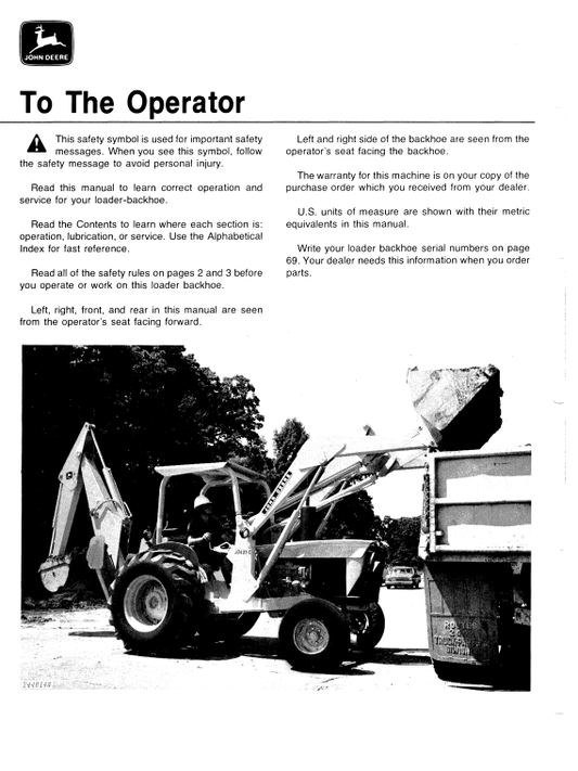 JOHN DEERE 401C BACKHOE LOADER OPERATOR MANUAL OMT72114