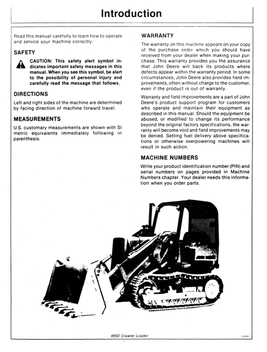 JOHN DEERE 455D CRAWLER LOADER OPERATOR MANUAL OMT80146
