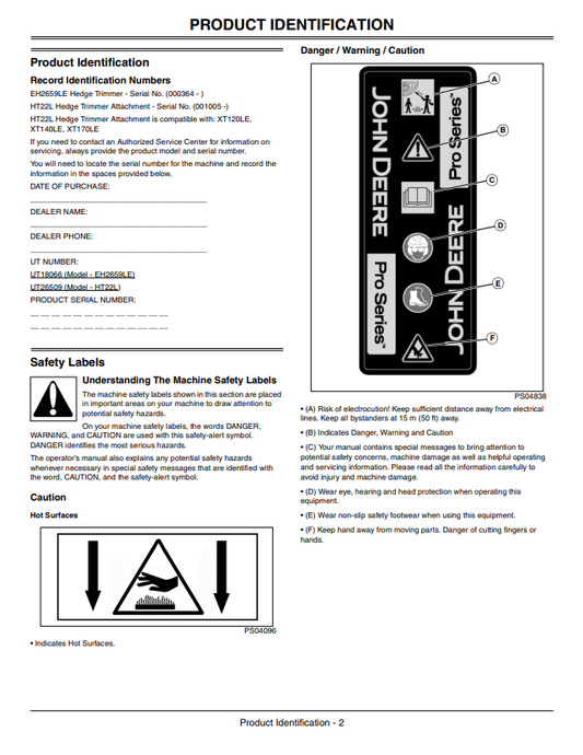 JOHN DEERE EH2659LE, HT22L EXTENDED REACH HEDGE TRIMMER, HEDGE TRIMMER ATTACHMENT OPERATOR MANUAL OMPS11013