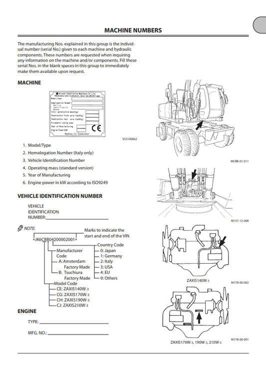 HITACHI ZAXIS 140W-3, 170W-3, 190W-3, 210W-3 WHEEL EXCAVATOR OPERATOR MANUAL EMCGBEN12