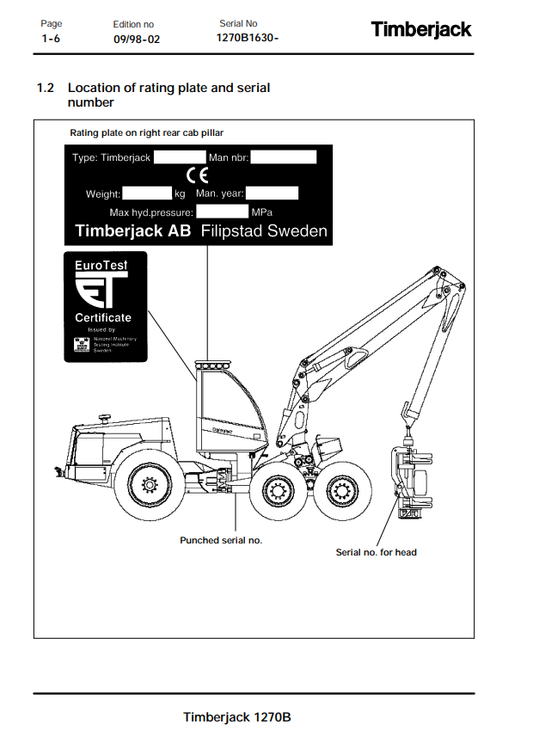 JOHN DEERE 1270B TIMBERJACK OPERATOR AND MAINTENANCE MANUAL F056649