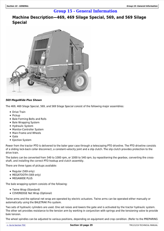 JOHN DEERE 469, 469S, 569S SILAGE SPECIAL, 569 ROUND BALER TECHNICAL MANUAL TM121219