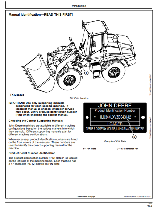 JOHN DEERE 344L 4WD LOADER OPERATOR MANUAL OMT404539X19