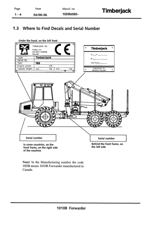 JOHN DEERE 1010B FORWARDER OPERATOR MANUAL F060208