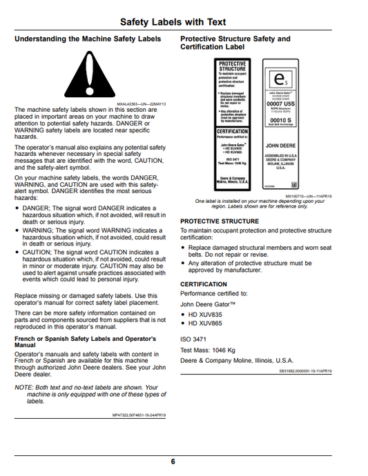 JOHN DEERE XUV835E, XUV835M, XUV835R GATOR™ UTILITY VEHICLE OPERATOR MANUAL OMUC22254