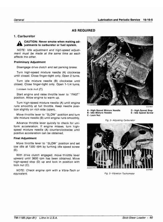 JOHN DEERE 60 SKID STEER LOADER TECHNICAL MANUAL TM1185