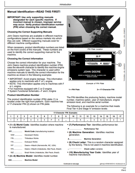JOHN DEERE 35 P EXCAVATOR OPERATOR MANUAL OMT489507X019