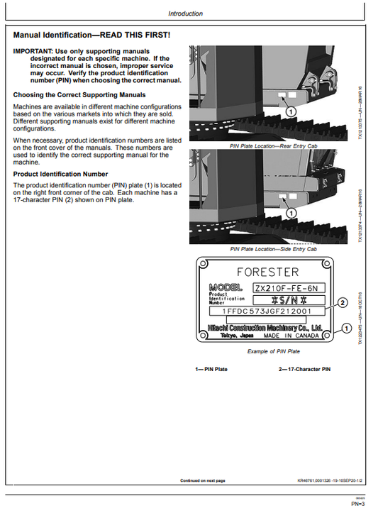 HITACHI ZAXIS 210F-FE-6N FORESTRY EXCAVATOR OPERATOR MANUAL OMT390728X19
