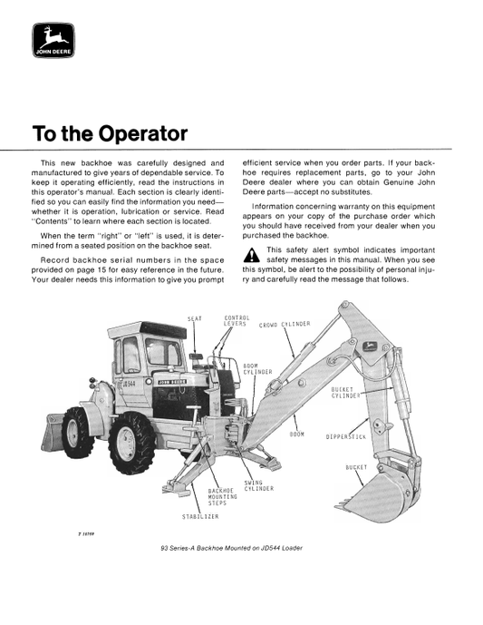 JOHN DEERE 93 SERIES -A BACKH0E FOR JD544 AND JD644 LOADER OPERATOR MANUAL OMT33071