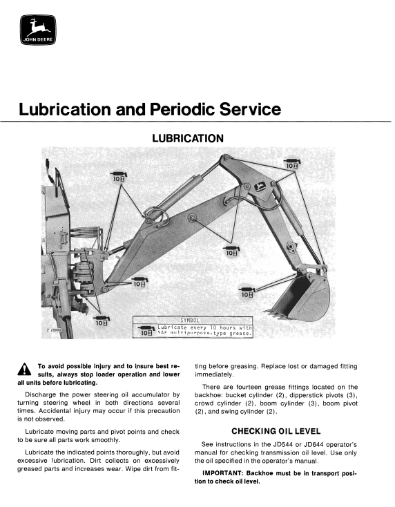 JOHN DEERE 93 SERIES -A BACKH0E FOR JD544 AND JD644 LOADER OPERATOR MANUAL OMT33071