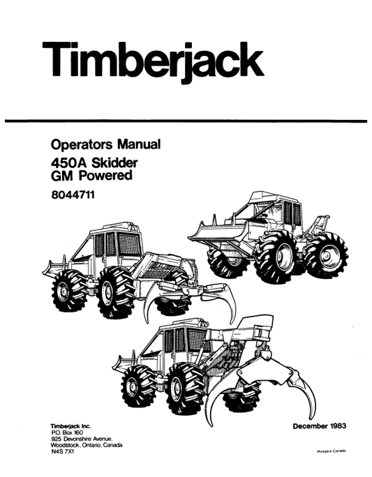 JOHN DEERE TIMBERJACK 450A SKIDDER (GM POWERED) OPERATOR MANUAL 8044711