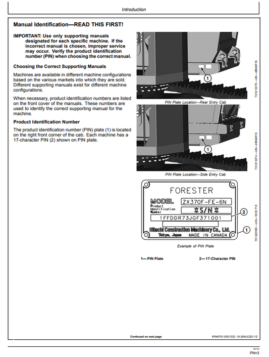 HITACHI ZAXIS 370F-FE-6N, 370FLC-FE-6N FORESTRY EXCAVATOR OPERATOR MANUAL OMT390735X19