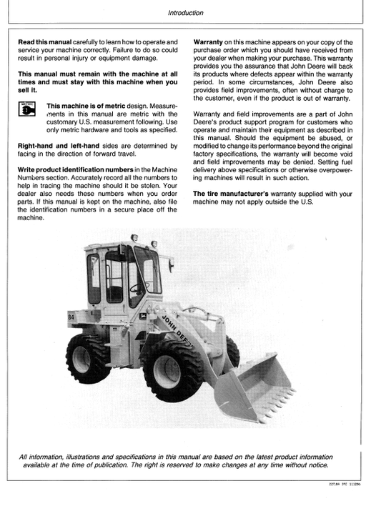 JOHN DEERE 84 LOADER OPERATOR MANUAL OMT103005