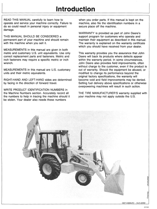 JOHN DEERE 410D AND 510D BACKHOE LOADER OPERATOR MANUAL OMT143669