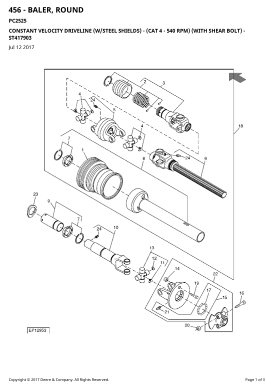 JOHN DEERE 456 - BALER, ROUND PARTS CATALOGUE MANUAL PC2525