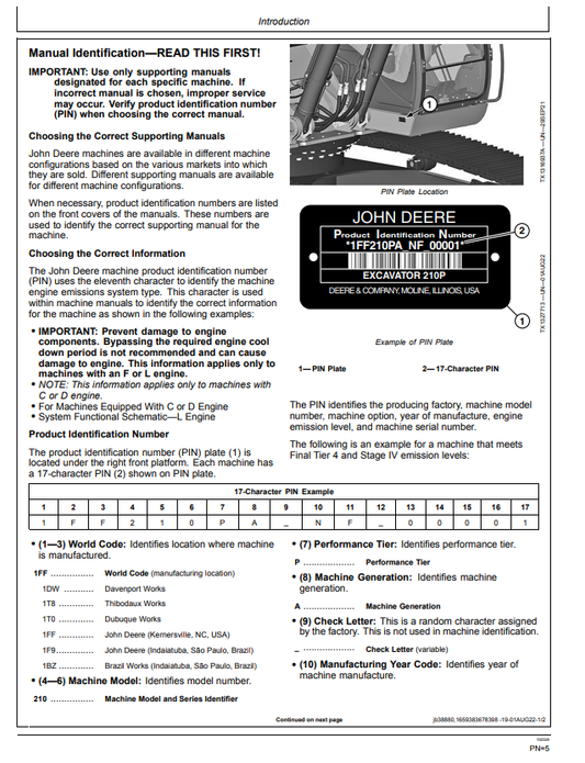 JOHN DEERE 210 P EXCAVATOR OPERATOR MANUAL OMT471166X019