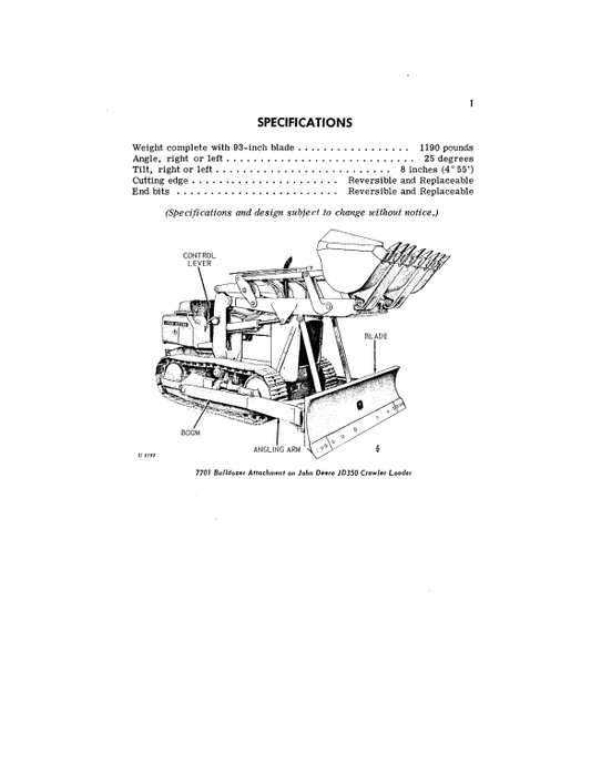 JOHN DEERE 7701 BULLDOZER ATTACHMENT FOR JD350 CRAWLER LOADER OPERATOR MANUAL OMU17524
