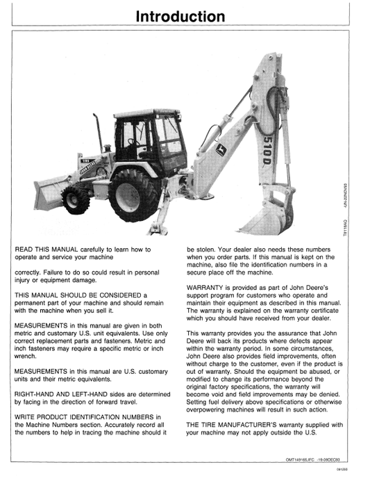 JOHN DEERE 410D AND 510D BACKHOE LOADER OPERATOR MANUAL OMT149165
