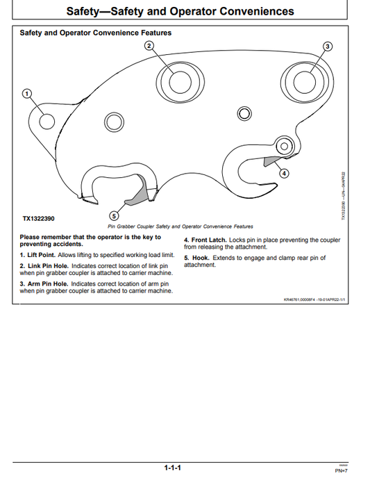 JOHN DEERE 75G NEW STYLE VARIABLE-TYPE PIN-GRABBER HYDRAULIC COUPLER OPERATOR MANUAL OMT479684X019