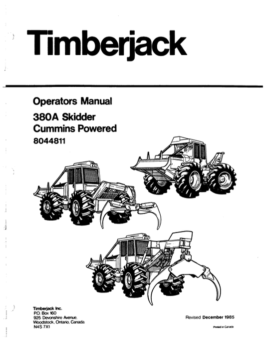 JOHN DEERE TIMBERJACK 380A SKIDDER (CUMMINS POWERED) OPERATOR MANUAL 8044811