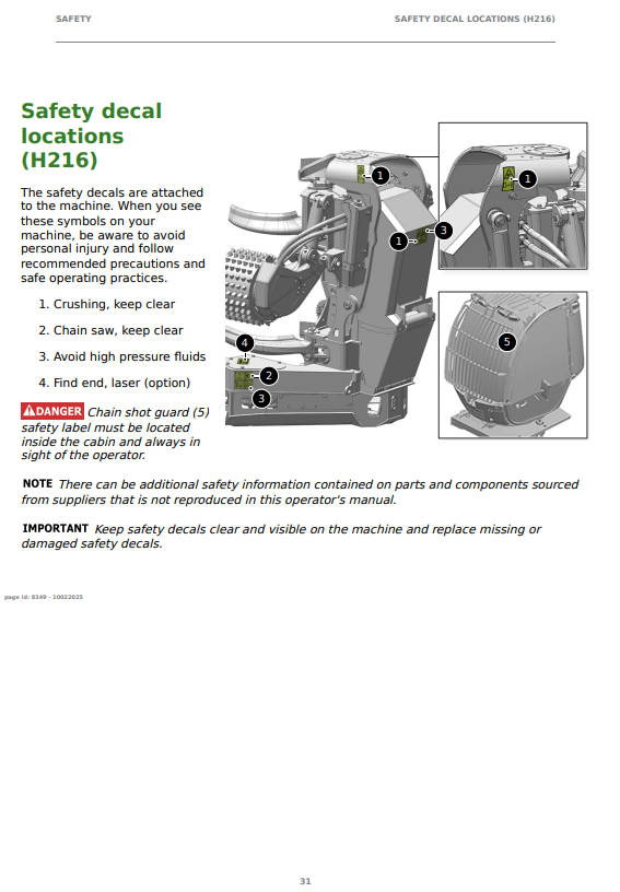 JOHN DEERE H216 HARVESTER HEAD OPERATOR INSTRUCTION MANUAL F743742