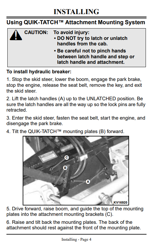JOHN DEERE HYDRAULIC BREAKER HB15, HB30, HB50 AND HB75 FOR 240, 250, 260, 270 AND 4475, 5575, 6675, 7775, 8875 SKID STEER OPERATOR MANUAL OMKV16791