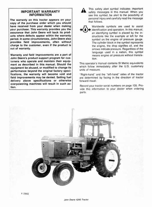 JOHN DEERE 4040, 4240 TRACTOR OPERATOR MANUAL OMR65460