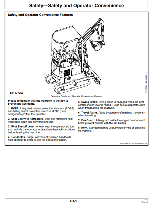 JOHN DEERE 17G COMPACT EXCAVATOR OPERATOR MANUAL OMT361076X19