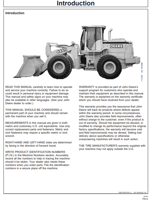 JOHN DEERE 644H LOADER AND 644H MH MATERIAL HANDLER OPERATOR MANUAL OMT180475