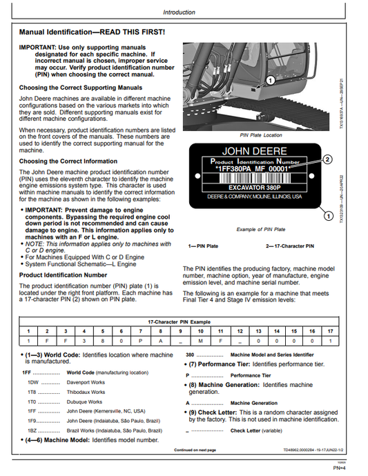 JOHN DEERE 380 P EXCAVATOR OPERATOR MANUAL OMT453665X019