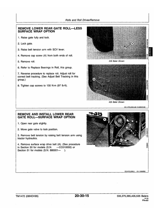 JOHN DEERE 335, 375, 385, 435 AND 535 ROUND BALER TECHNICAL MANUAL TM1472