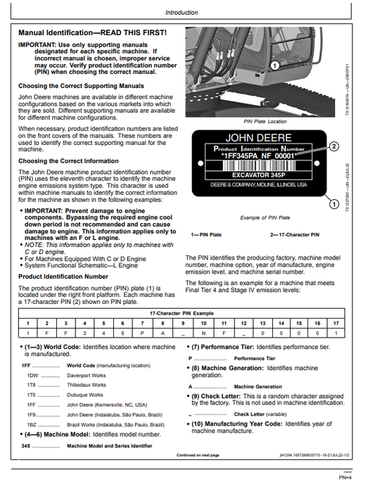 JOHN DEERE 345 P EXCAVATOR OPERATOR MANUAL OMT480097X019