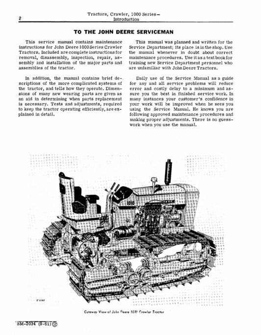 JOHN DEERE 1010 SERIES CRAWLER TRACTOR SERVICE MANUAL SM2034