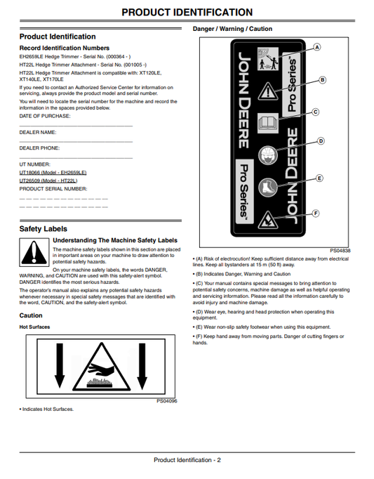 JOHN DEERE EH2659LE, HT22L EXTENDED REACH HEDGE TRIMMER, HEDGE TRIMMER ATTACHMENT OPERATOR MANUAL OMPS11013