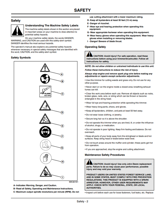 JOHN DEERE BRUSHCUTTER XT250B LE - UT15230 OPERATOR MANUAL OMPS05086