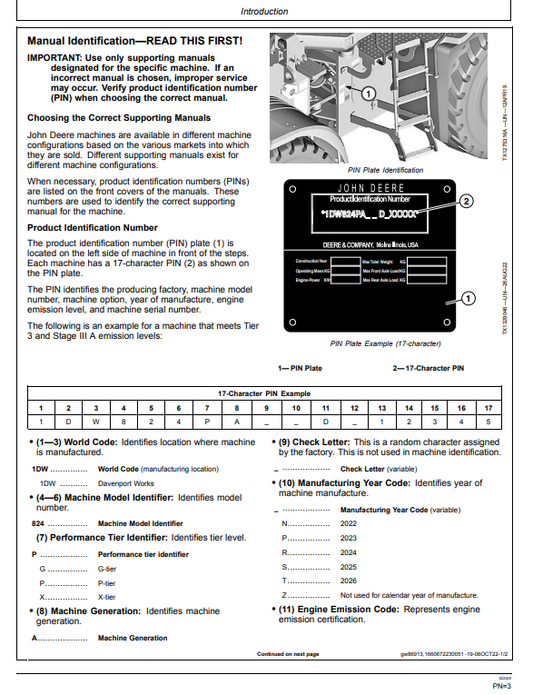 JOHN DEERE 824 P-TIER, GEN-A 4WD LOADER OPERATOR MANUAL OMT461924X019