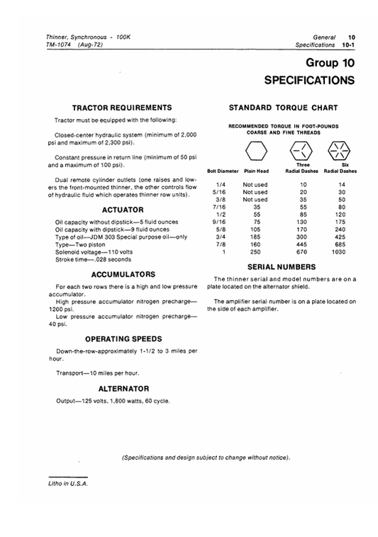 JOHN DEERE 100K SYNCHRONOUS THINNER TECHNICAL MANUAL TM1074