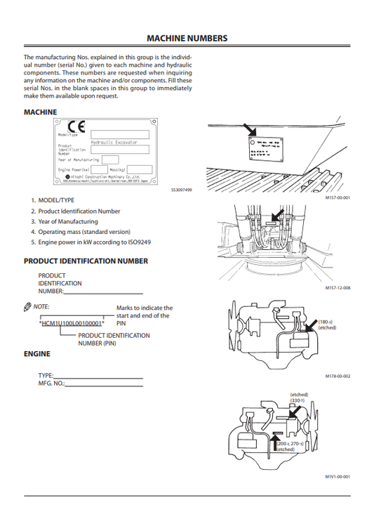 HITACHI ZAXIS 180-3 CLASS, 200-3 CLASS, 270-3 CLASS, 330-3 CLASS HYDRAULIC EXCAVATOR OPERATOR MANUAL EM1U1EN22