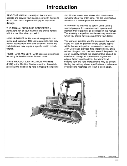 JOHN DEERE 400G CRAWLER DOZER OPERATOR MANUAL OMT145887