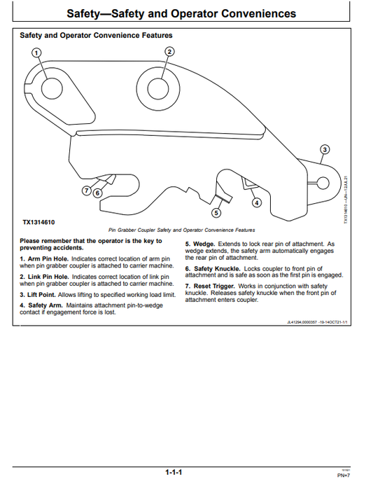 JOHN DEERE 35G, 50G, 60G PIN GRABBER COUPLER OPERATOR MANUAL OMT466881X019