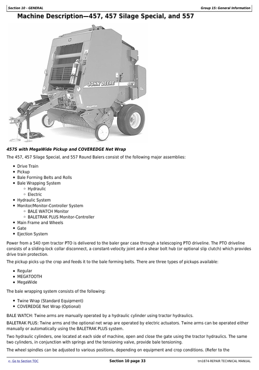 JOHN DEERE 447, 457, 467, 547, 557, 567 ROUND BALER REPAIR TECHNICAL MANUAL TM1874