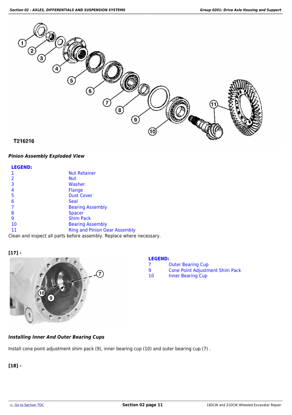 JOHN DEERE 180CW, 210CW WHEELED EXCAVATOR REPAIR TECHNICAL MANUAL TM2287