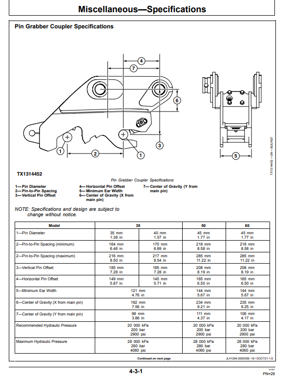 JOHN DEERE 35G, 50G, 60G PIN GRABBER COUPLER OPERATOR MANUAL OMT466881X019