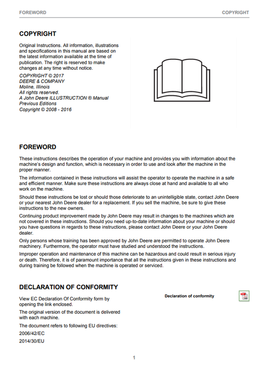 JOHN DEERE 1270E INTERIM TIER 4 CTL HARVESTER OPERATOR INSTRUCTION MANUAL F674311