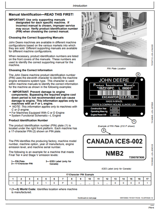 JOHN DEERE 210 P, 230 P, AND 260 P EXCAVATOR OPERATOR MANUAL OMT524610X019