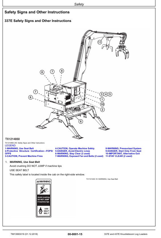 JOHN DEERE 337E, 437E KNUCKLEBOOM LOG LOADER REPAIR MANUAL TM13993X19