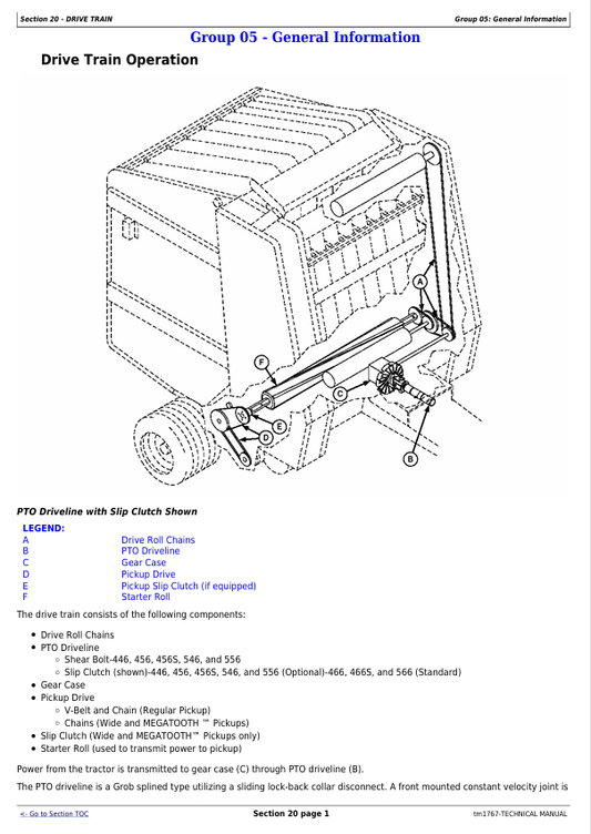 JOHN DEERE 446, 456, 456S, 546, 556, 466, 466S, 566 ROUND BALER TECHNICAL MANUAL TM1767