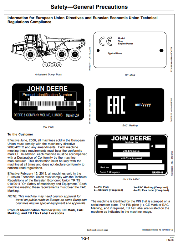 JOHN DEERE 370E, 410E, AND 460E ARTICULATED DUMP TRUCK OPERATOR MANUAL OMT329825X19