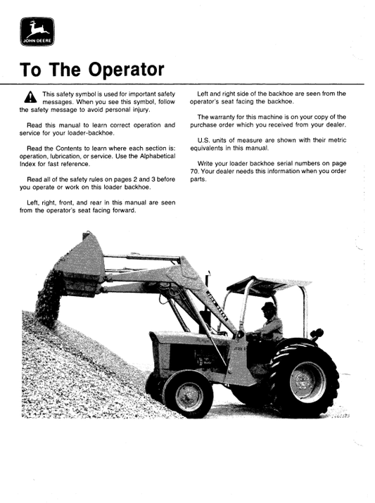 JOHN DEERE 300B BACKHOE LOADER OPERATOR MANUAL OMT79302