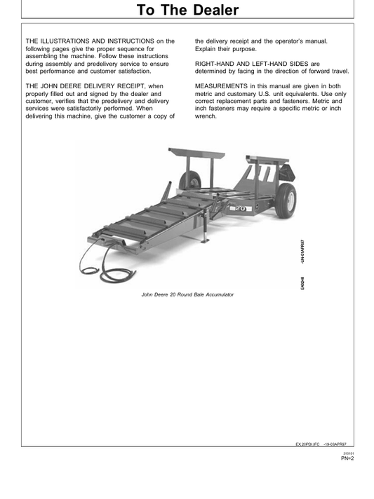 JOHN DEERE 20 ROUND BALE ACCUMULATOR PRE DELIVERY INSTRUCTION MANUAL PDIE91731